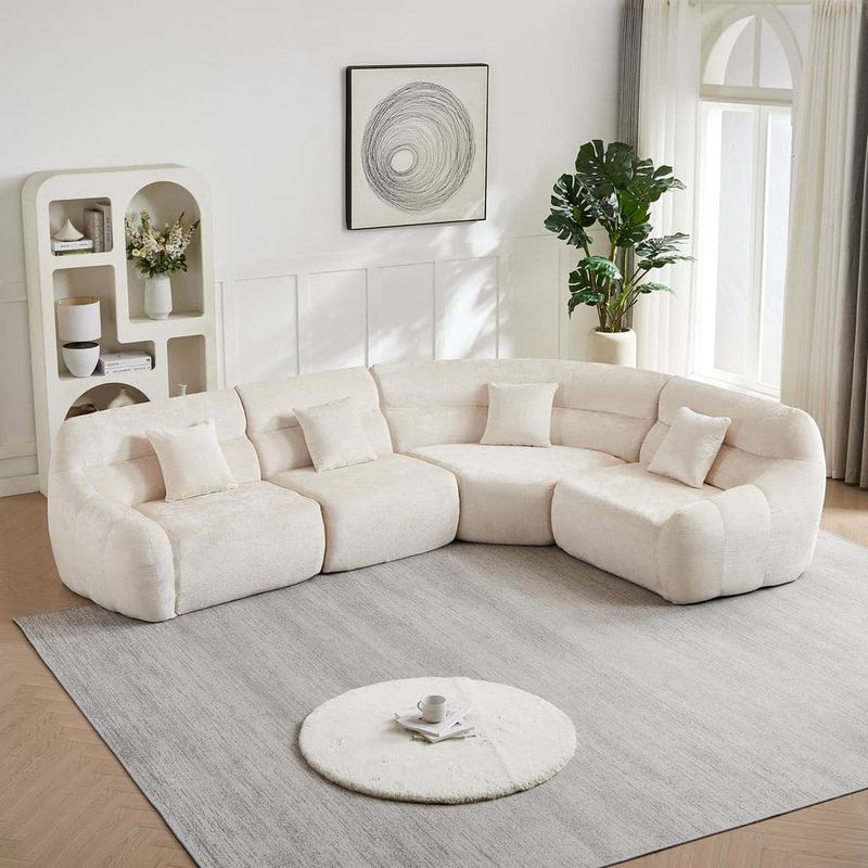 Clihome - 88.6 in. Armless 4-Piece Chenille Curved Corner Modular Sectional Sofa with High Back and Pillows in Beige