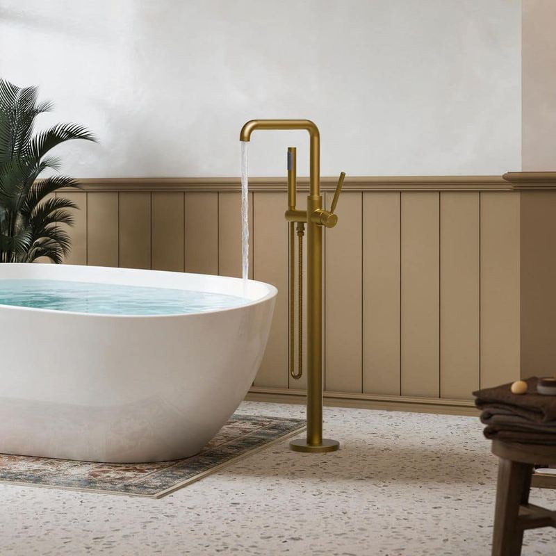 GRANDJOY - 2-Handle Claw Foot Tub Faucets Floor Mount Freestanding Tub Faucet Bathtub Filler with Hand Shower in Brushed Gold