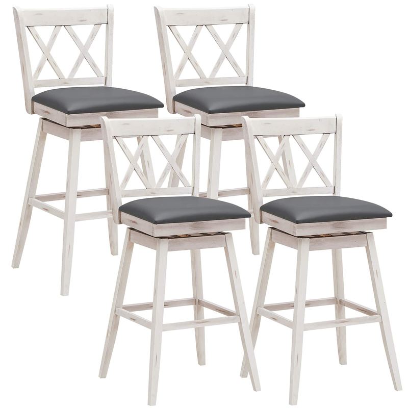 Costway - Set of 4 Barstools Swivel Bar Height Chairs with Rubber Wood Legs - White