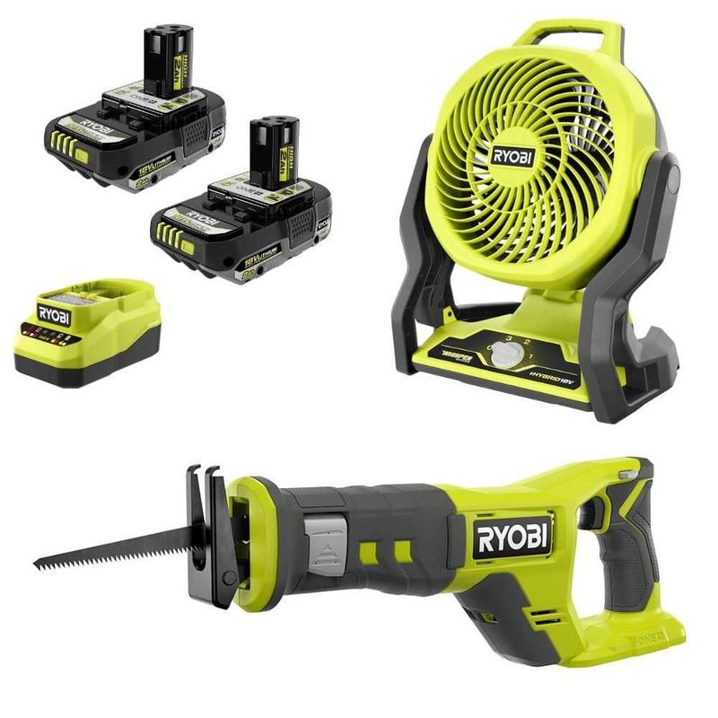 RYOBI - ONE+ 18V Cordless Hybrid 7.5 in. Fan Kit w/ (2) 2Ah Batteries, Charger, w/ FREE ONE+ 18V Cordless Reciprocating Saw