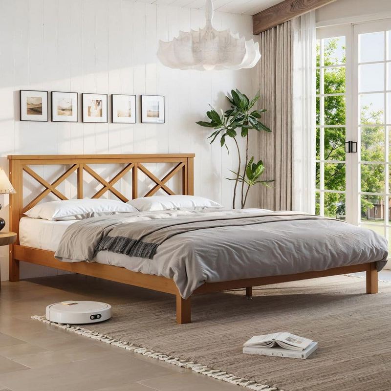 Polibi - Brown Bamboo Frame Queen Size Platform Bed with X Design Headboard, Suppport Slats