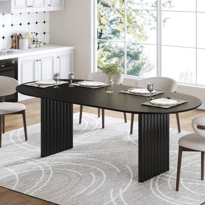 Lirago - Oval Black Solid Wood 79 in. Kitchen Tables Double Pedestal Dining Table Seats 8