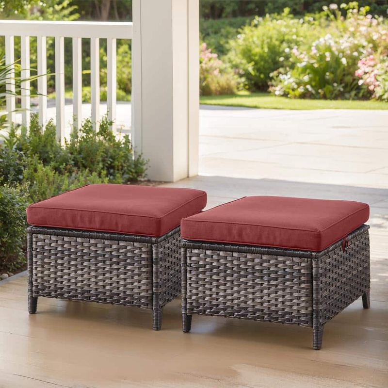 moosprr - Gray Wicker Outdoor Ottoman with Red Cushions (2-Pack)