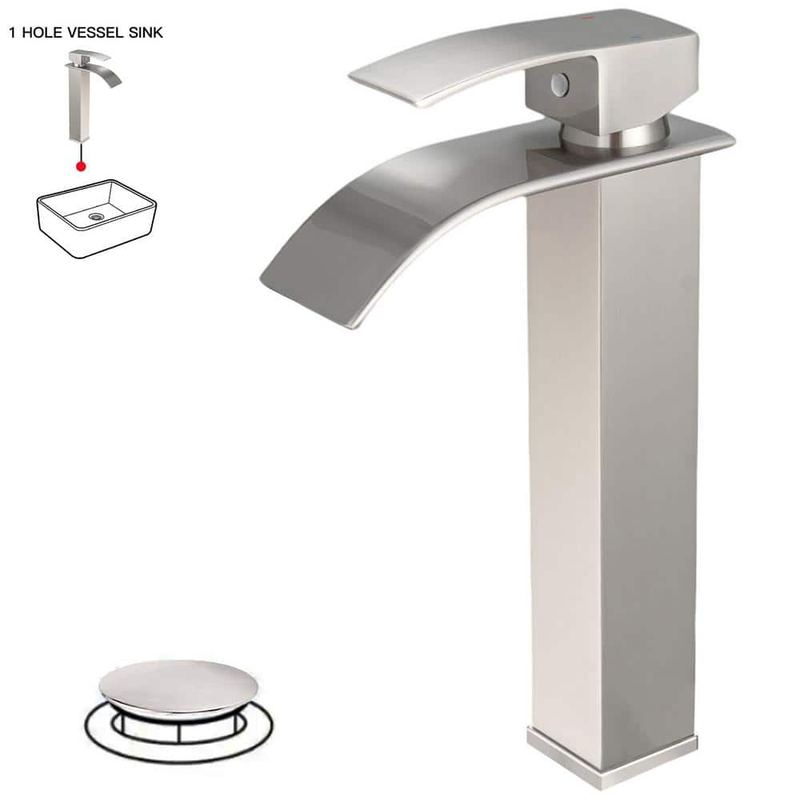 HOMEMYSTIQUE - Single Handle Vessel Sink Faucet with Drain Kit Included in Brushed Nickel