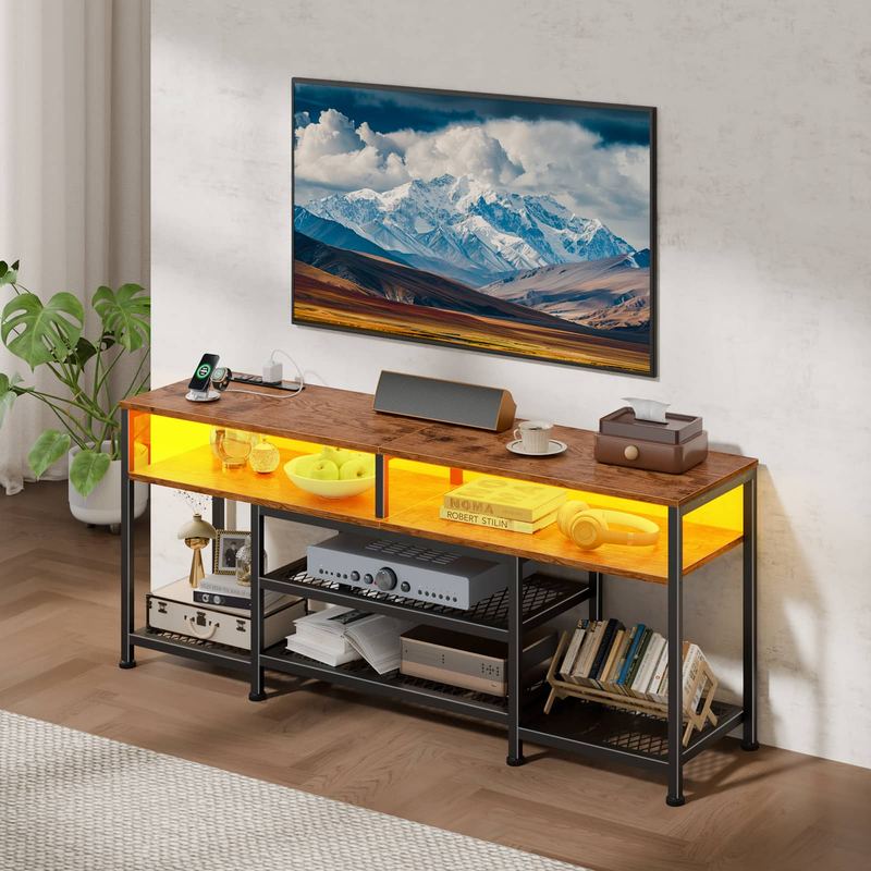 Furnulem - Contemporary LED Entertainment Center with Charging Outlets TV Stand for Large TVs Media Console with Storage Cabinet - Brown