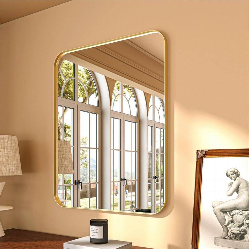 ORGANNICE - 28 in. W x 36 in. H Rectangular Aluminum Framed Modern Gold Rounded Wall Mirror
