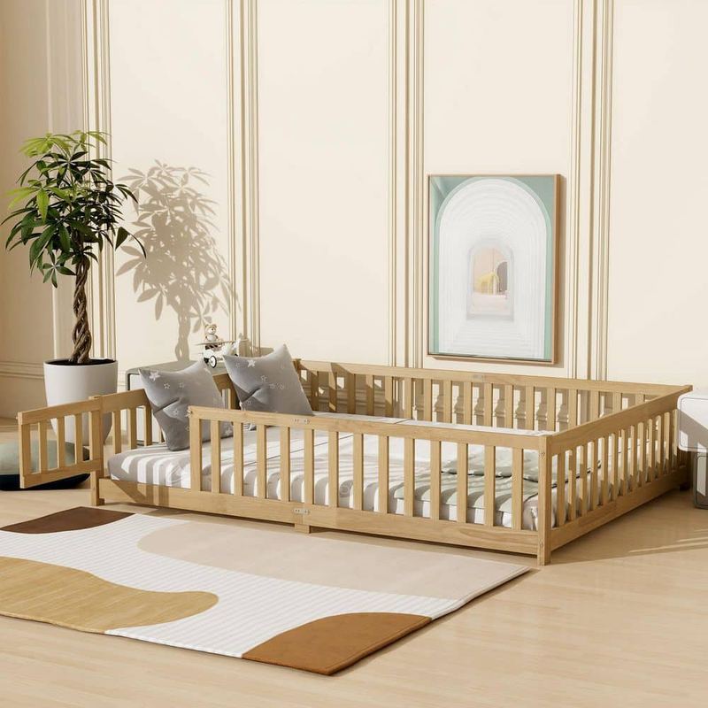 Polibi - Natural Queen Size Kids Bed with Fence, Safety Guardrails