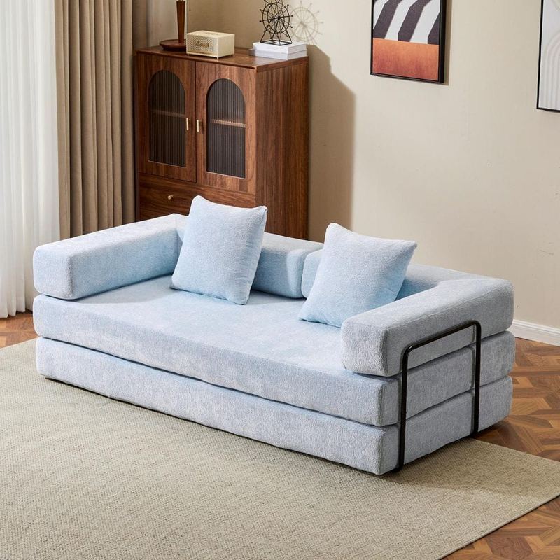 Nestfair - 76.77 in. Light Blue Corduroy Fabric Queen Size Convertible Sofa Bed with Pillows, Compressed and No Assembly Required