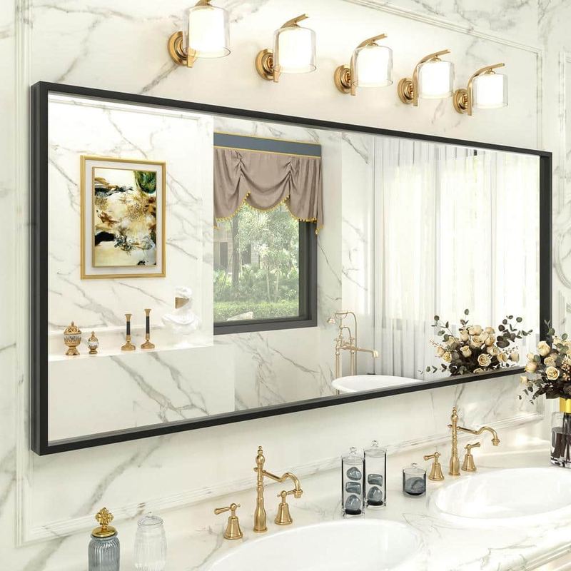 Apmir - 72 in. W x 32 in. H Rectangular Aluminum Alloy Framed and Tempered Glass Wall Bathroom Vanity Mirror in Matte Black