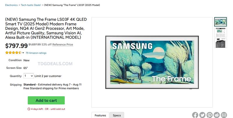 SAMSUNG THE FRAME 65" (2025) — $797.99
