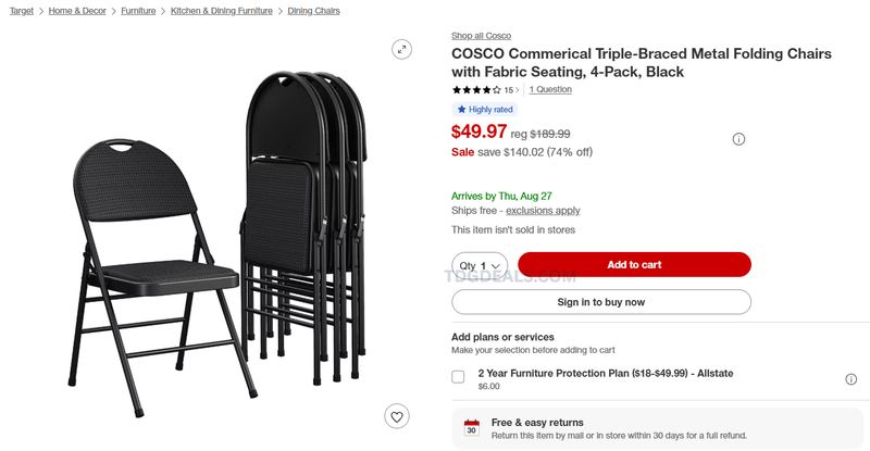$50 COSCO Commercial Padded Folding Chairs (4-Pack)