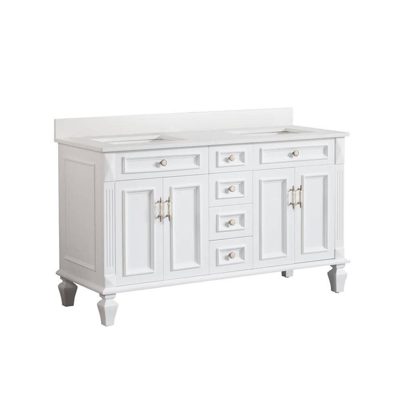 WELLFOR - Artwood 60 in. W x 22 in. D x 35 in. H Bath Vanity in White with Carrera White Vanity Top with Double White Basin