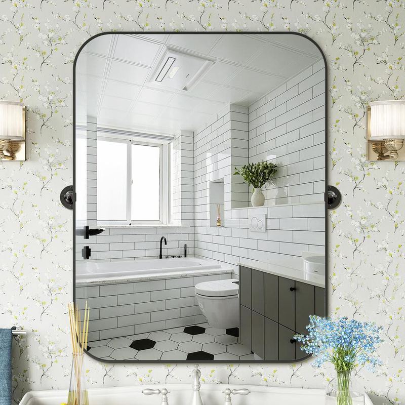 Lirago - 24 in. W x 36 in. H Rectangular Metal Framed Pivoted Bathroom Wall Vanity Mirror in Black