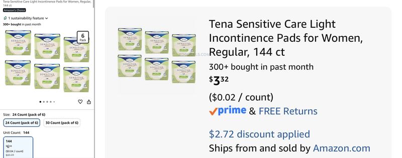 TENA Sensitive Care Light Incontinence Pads for Women, 144 ct