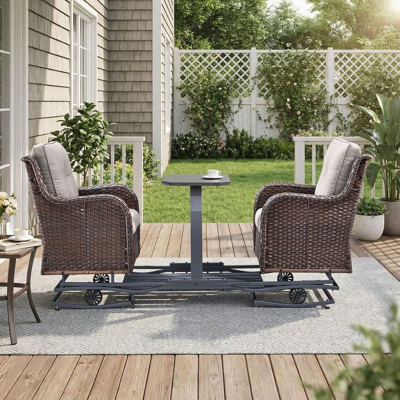 moosprr - ArcLine Brown PE Wicker 2-Person Outdoor Glider Chair with Beige Olefin Cushions and Center Side Table