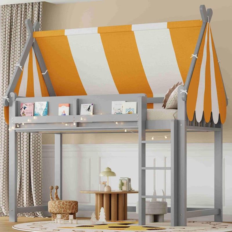 Polibi - Gray Twin Wood Loft Bed with Canopy, LED Lights and Book Shelf