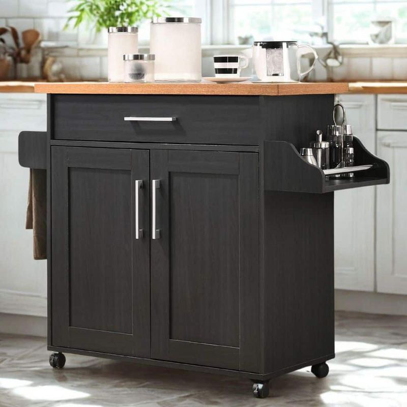 L'Baiet - Black Wood Top 35 in. Wide Kitchen Island Cart with Utensil Drawer, Cabinet Storage, Spice Rack & Towel Holder