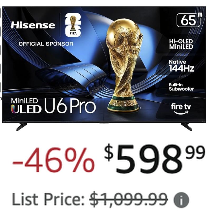 $1,099.99 HISENSE 65" U6 PRO 4K TV DROPPED TO $598.99