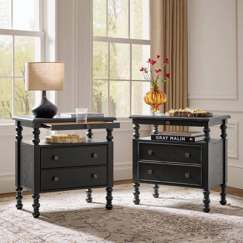 JAYDEN CREATION - Ginny Black Traditional 26 in. Tall 1-Drawer Nightstand with Charging Station (Set of 2)