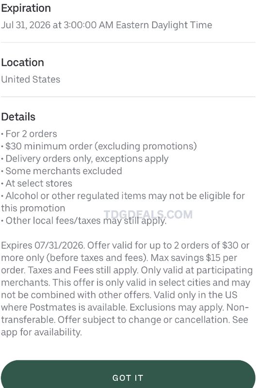 $15 OFF $20 @ POSTMATES U.S. 🇺🇸