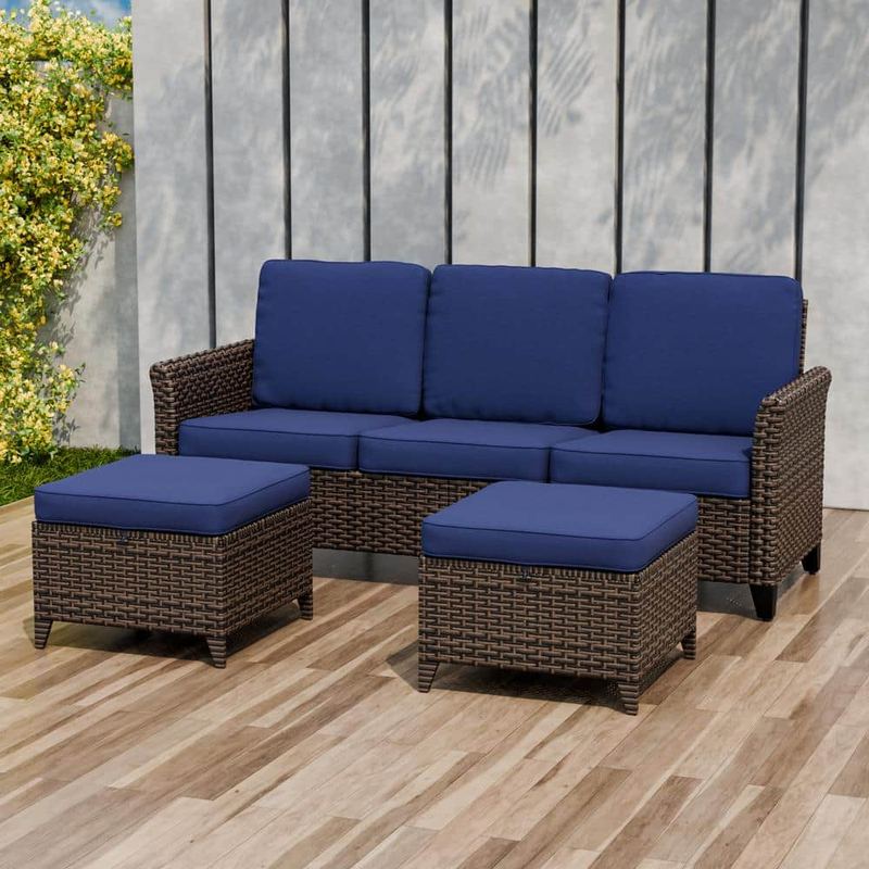 EAGLE PEAK - 3-Piece Mix Brown Wicker Patio Conversation Set Wide Armrest 3-Seat Sofa Set with Blue Cushions, Ottomans