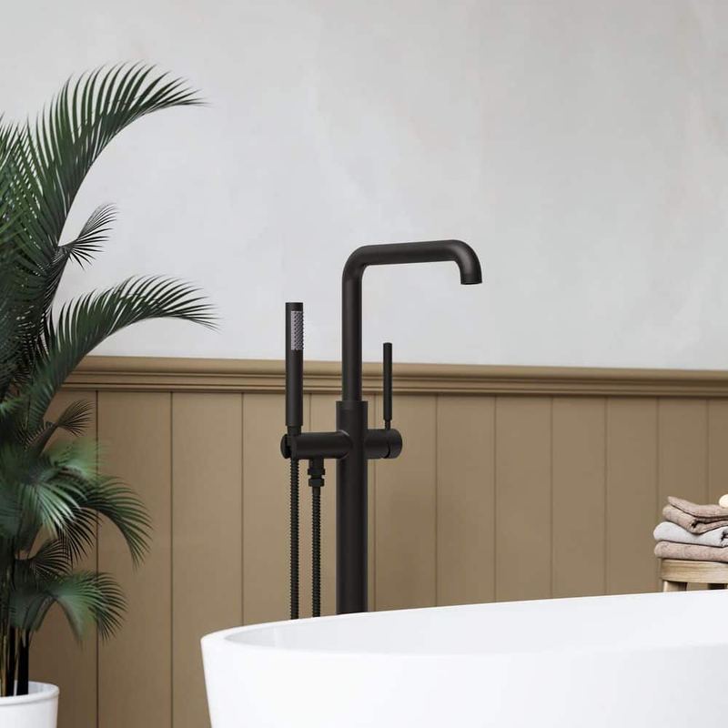 GRANDJOY - 2-Handle Claw Foot Tub Faucets Floor Mount Freestanding Tub Faucet Bathtub Filler with Hand Shower in Matte Black