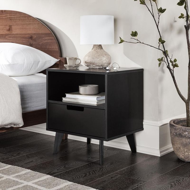 Walker Edison Furniture Company - 1-Drawer Black Wood Mid-Century Modern Nightstand with Cubby