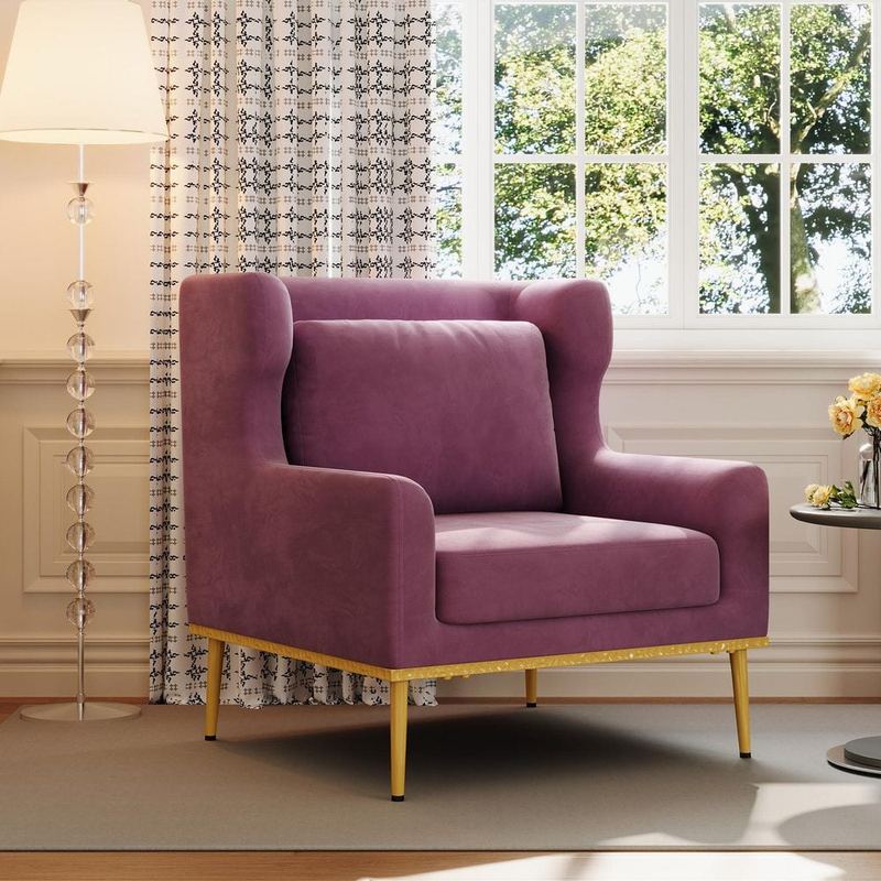 CHRISTOPHER KNIGHT HOME - Valdric Modern Purple Velvet Upholstered Accent Arm Chair with Wingback and Pillow, Metal Legs