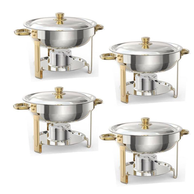 Garvee - 4 Pack 5.3 Qt. Stainless Steel Round Chafing Dish Buffet Set with Food & Water Pan & Rose Gold Stand