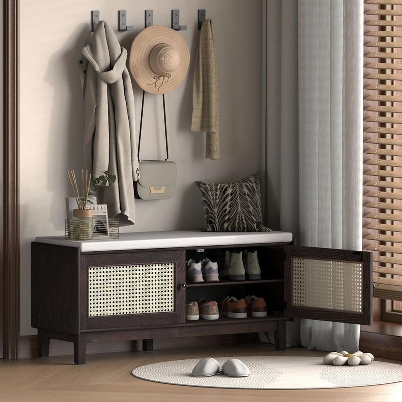 Harper & Bright Designs - Espresso 43.1 in. Storage Bench with Removable Beige Cushion, 2 Rattan Door Cabinet for Entryway, Bedroom, Living Room