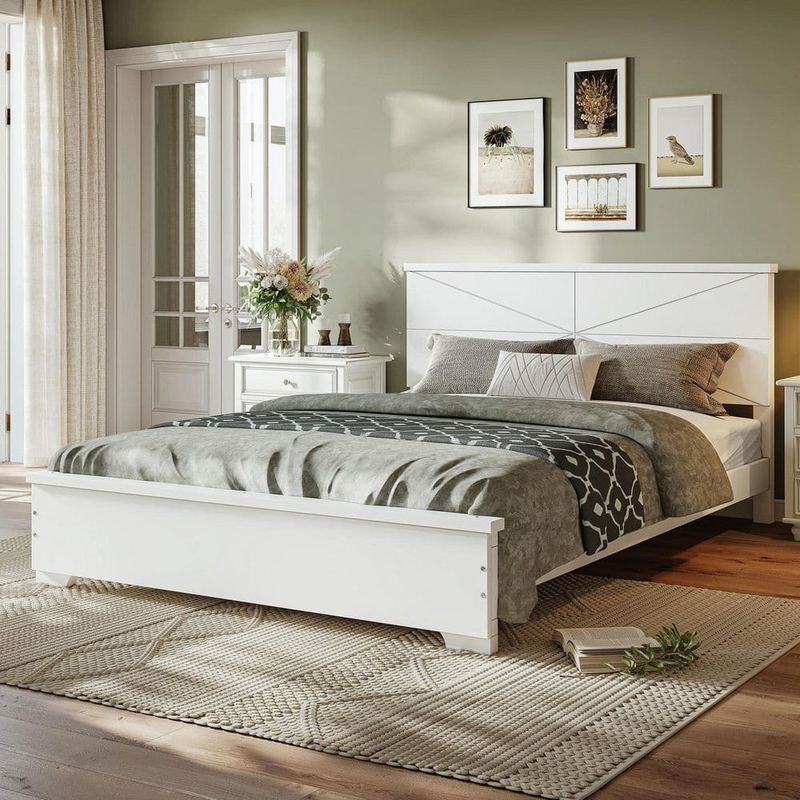 Polibi - White Bamboo Frame Queen Size Platform Bed with Chic Design Headboard, Wood Slats Support