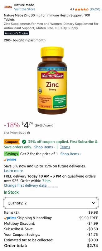 NATURE MADE ZINC 30MG 100-COUNT — $4.99