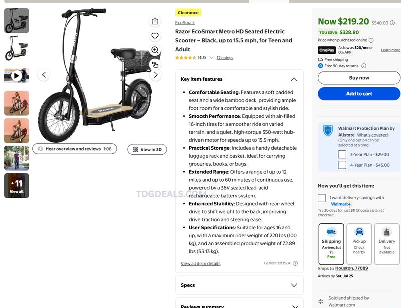 ECOSMART METRO HD E-SCOOTER — $219.20