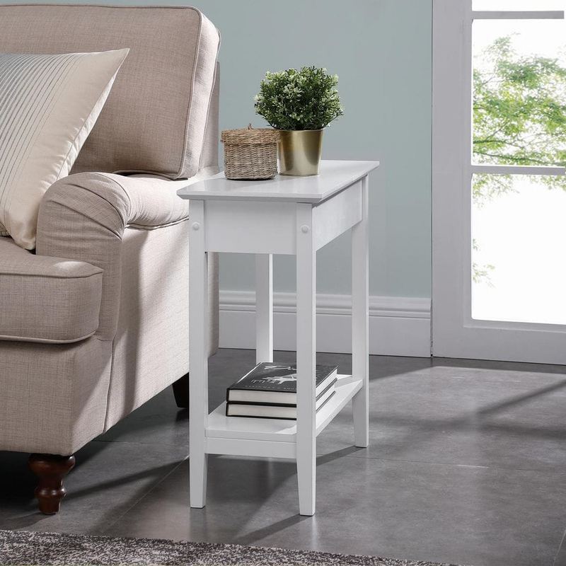 White 1-Drawer Narrow End Table with Storage, Nightstand Flip Top Narrow Side Tables for Small Spaces, Slim End Table