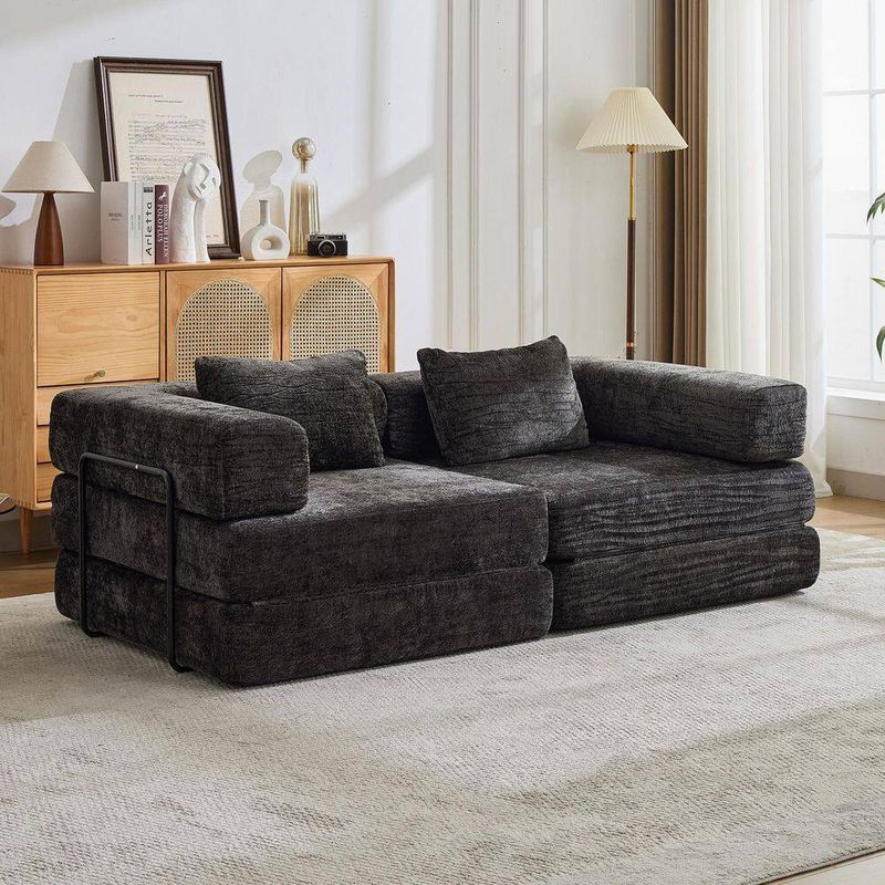 Qualler - 78.7 in. Armless Chenille Fabric Compression Sectional Sofa in Black