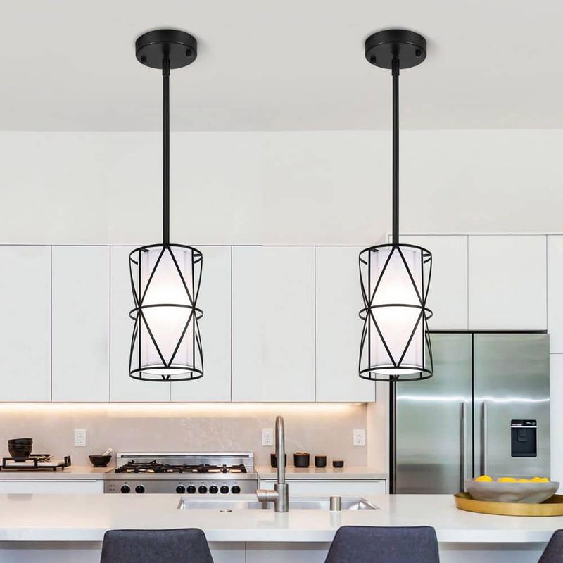ZSMIHDOH - 1-Light Black Modern Drum Pendant Light w/ White Fabric Shade (Set of 2)