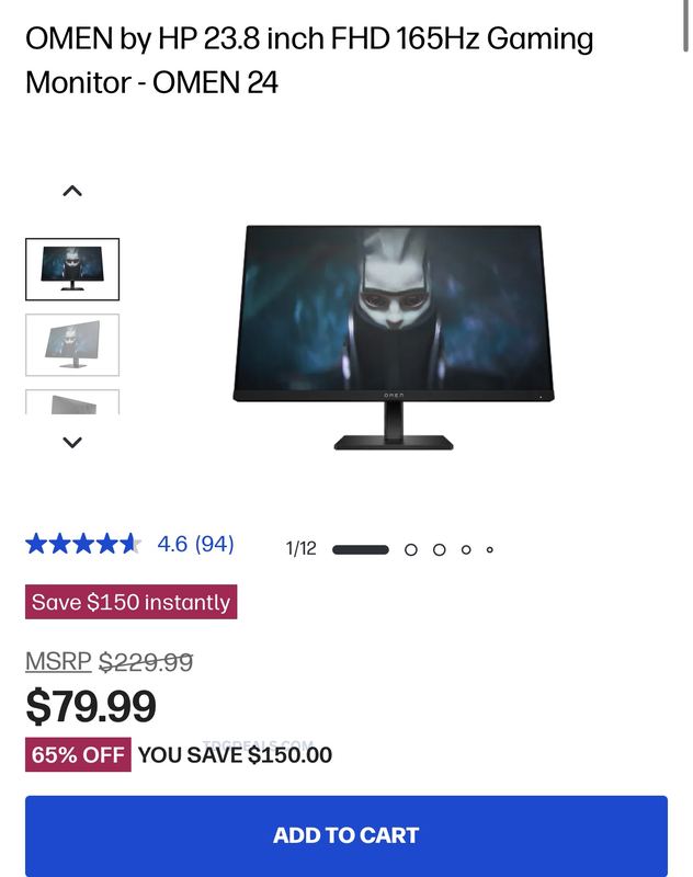 $80 OMEN by HP 24” 165Hz Gaming Monitor