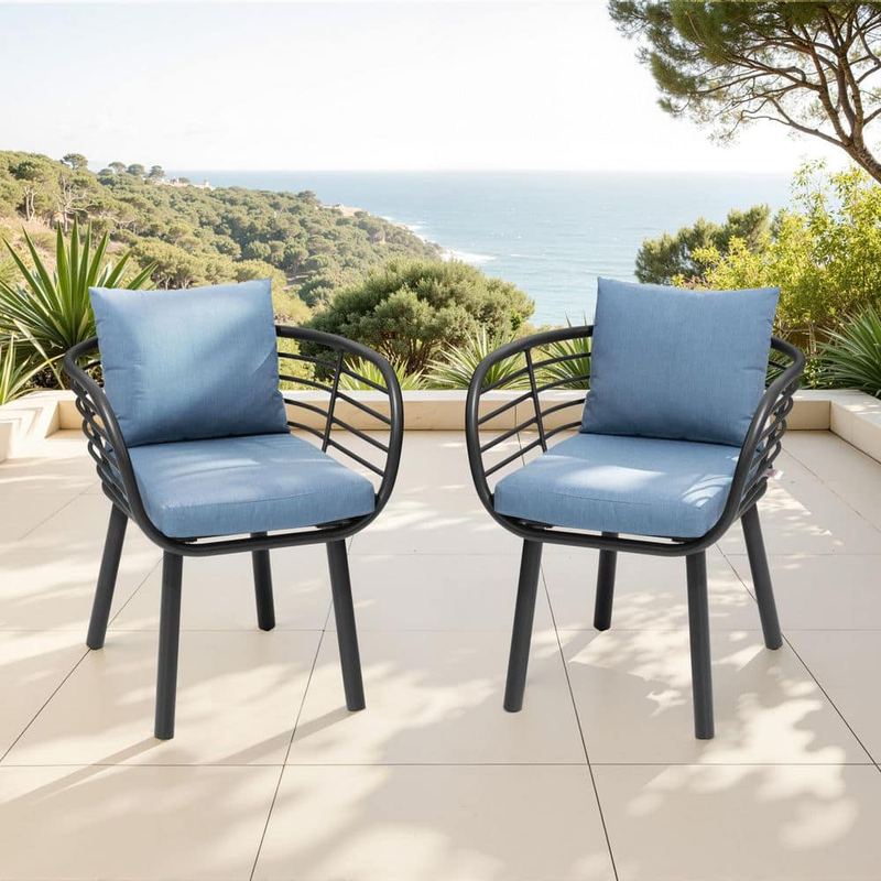 Crestlive Products - (2-Pack) Outdoor Dining Chair Aluminum Patio Dining Chairs Cushions and Pillow Made of Blue Sunbrella Textilene Fabric