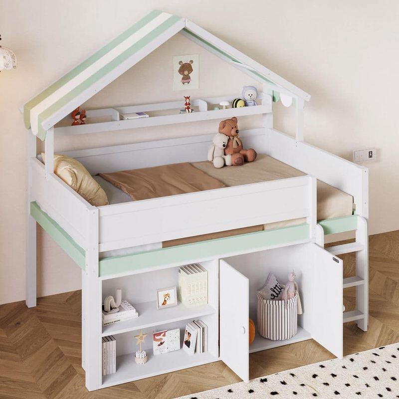 Harper & Bright Designs - White and Green Full Size Wood Loft Bed with Canopy Roof and Storage Cabinet, Bookshelves