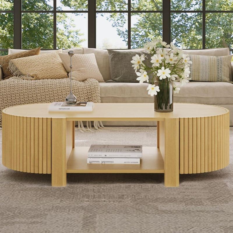 Polibi - 47 in. Natural Round Rubber Wood Coffee Table with Rubber Solid Wood and Storage