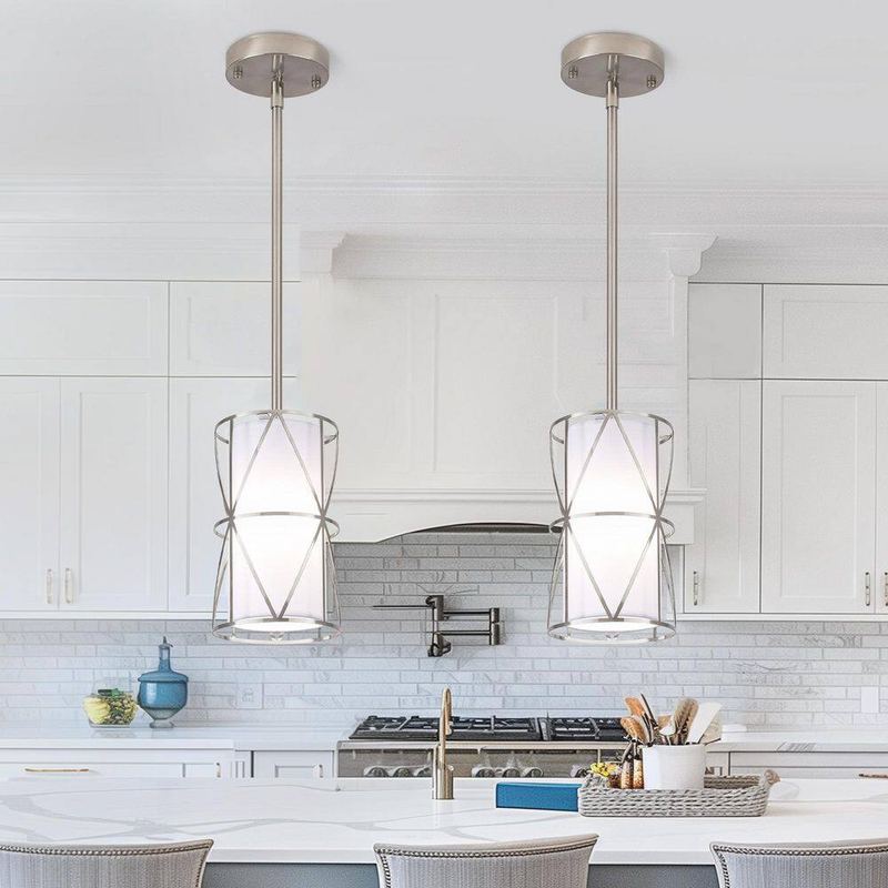 ZSMIHDOH - 1-Light Nickel Modern Drum Pendant Light with White Fabric Shade (Set of 2)