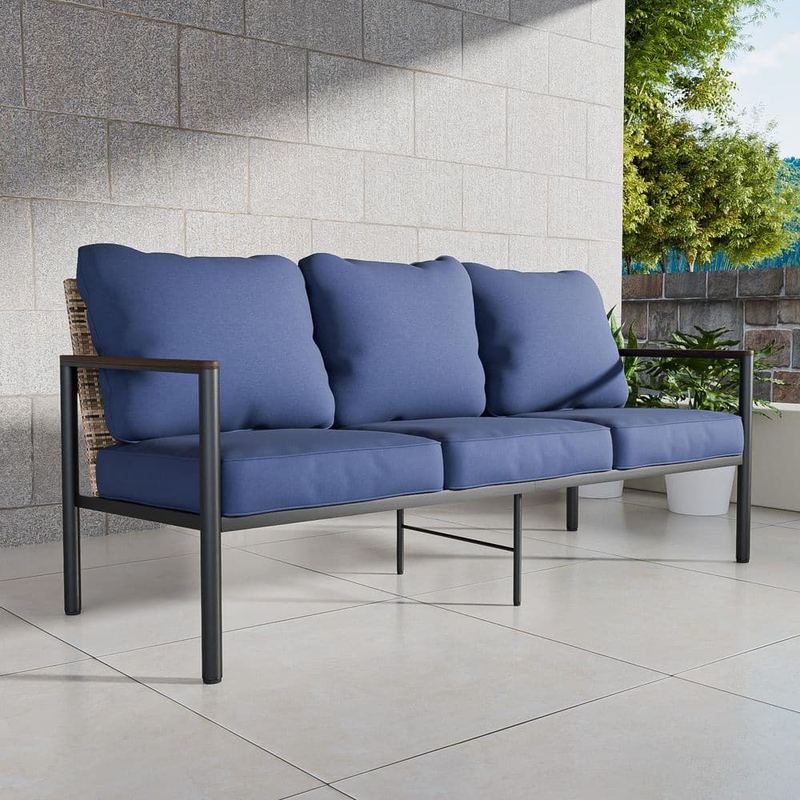 EAGLE PEAK - Black Metal Frame Brown Rattan Wicker Outdoor Patio 3 Seat Sofa Couch with Blue Cushions