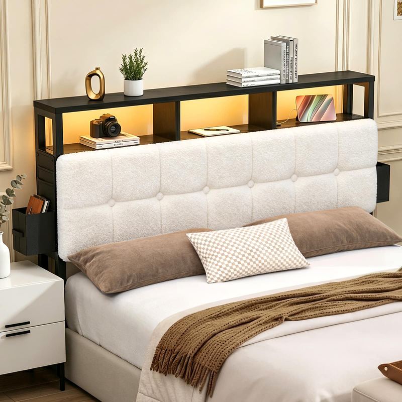 Pinmoco - Upholstered Headboard with Storage, Charging Station & LED Light, Headboard Only - Off-white