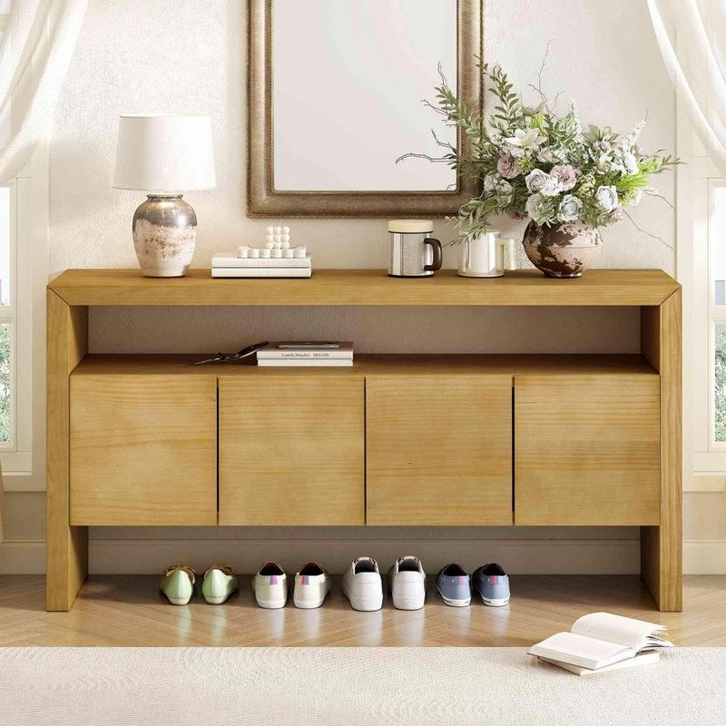 Polibi - Natural Wood 60 in. Sideboards with Open Shelf and 4-Door Sideboard Ideal for Dining Table Area