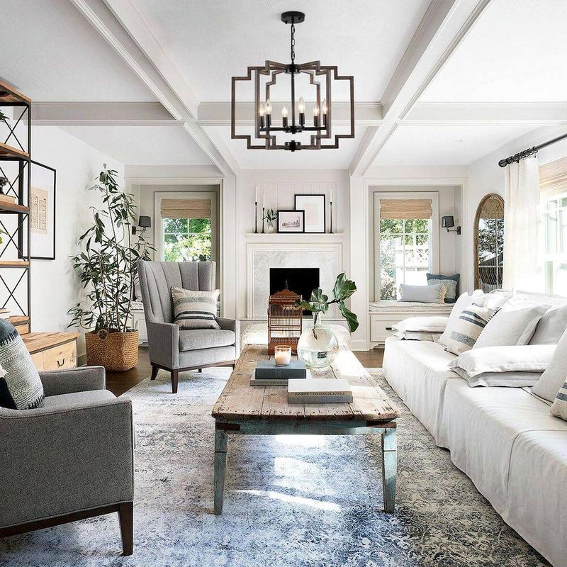 ADSENSTY - 6-Light Black & Imitation Wood Grain Modern Farmhouse Chandelier Geometric Hanging Pendant Light for Kitchen Living Room