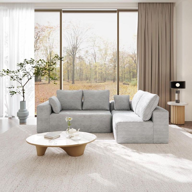 Magic Home - 134 in. 2-Piece Gray Corduroy Fabric L-Shaped Modular Boneless Sectional Sofa with Pillows, Non-Assembly