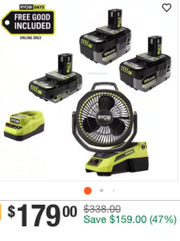 $338 RYOBI ONE+ 18V BATTERY AND CHARGER KIT FOR $179