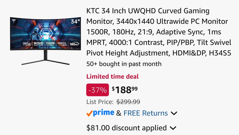 34" KTC ULTRAWIDE GAMING MONITOR — $188.99