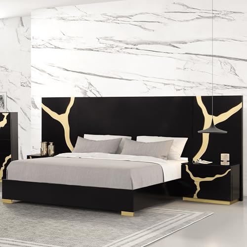 Furniture of America Quanta Modern Wood Queen-Size Bed with Extended Panels Headboard and Gold-Painted Pattern, No Box Spring Required for Bedroom, Guest Room, Black