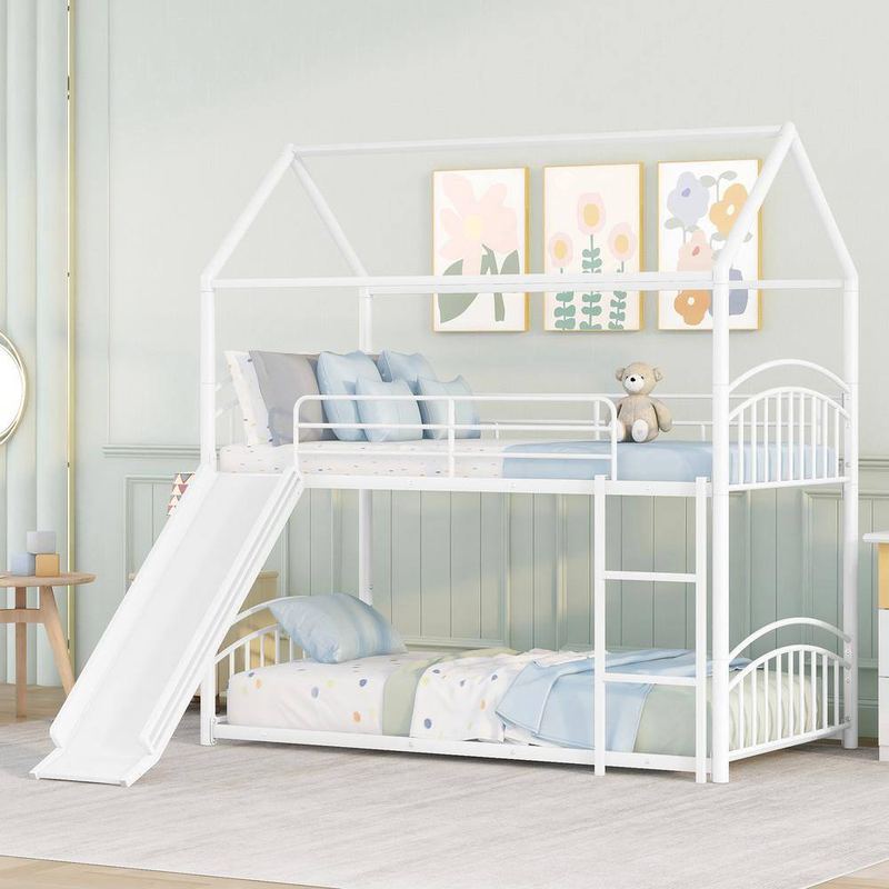 Harper & Bright Designs - White Twin over Twin Metal Bunk Bed with Slide and Ladder
